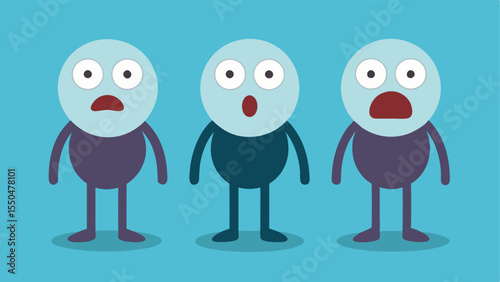 A trio of simple figures stands together each displaying exaggerated expressions of shock. The first character has circular bulging eyes and raised eyebrows with their mouth in
