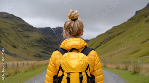 Woman wearing bright yellow jacket and backpack stands on gravel path in lush green valley surrounded by mountains. overcast sky adds sense of adventure and exploration to scene