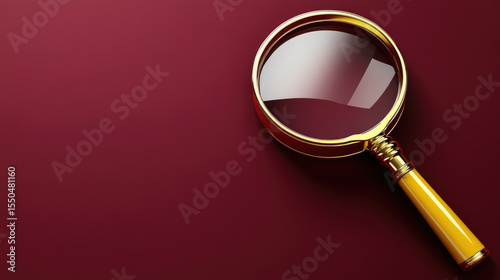 Magnifying glass with yellow handle rests on deep red surface, creating striking visual contrast. This evokes curiosity and pursuit of knowledge
