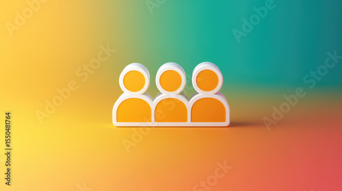 Three stylized figures in yellow against vibrant gradient background symbolize teamwork and collaboration. This conveys sense of unity and partnership in modern business context
