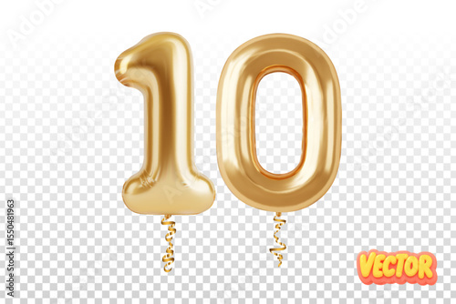 Vector  realistic isolated golden balloon number 10 on the transparent background. Concept of jubilee.