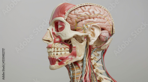 Anatomical model showcasing human skull and brain, highlighting muscles, nerves, and intricate structure of head. This detailed representation emphasizes complexity of human anatomy
