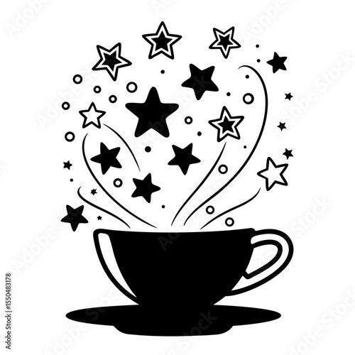 Tattoo-style icon of teacup with stars around. Magical cozy theme.