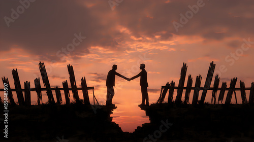Silhouettes of two people shaking hands on a bridge at sunset