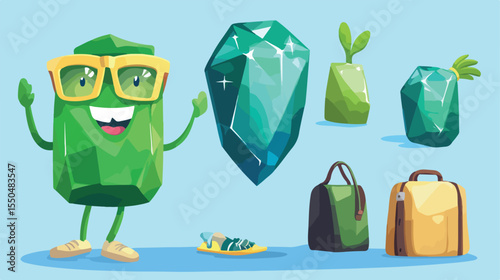 Emerald Gemstone Mascot Enjoying Vacation Flat Vector Illustration