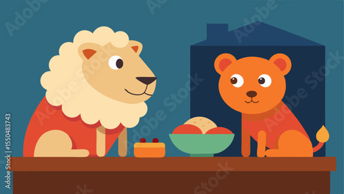 Caring Companionship A lion and a lamb are sharing a cozy meal indoors at a quaint wooden table. Soft light filters through a window illuminating the meal of grains and fruits
