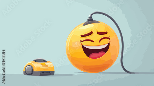 Cheerful Cartoon Emoticon Character Cleaning with a Vacuum Cleaner