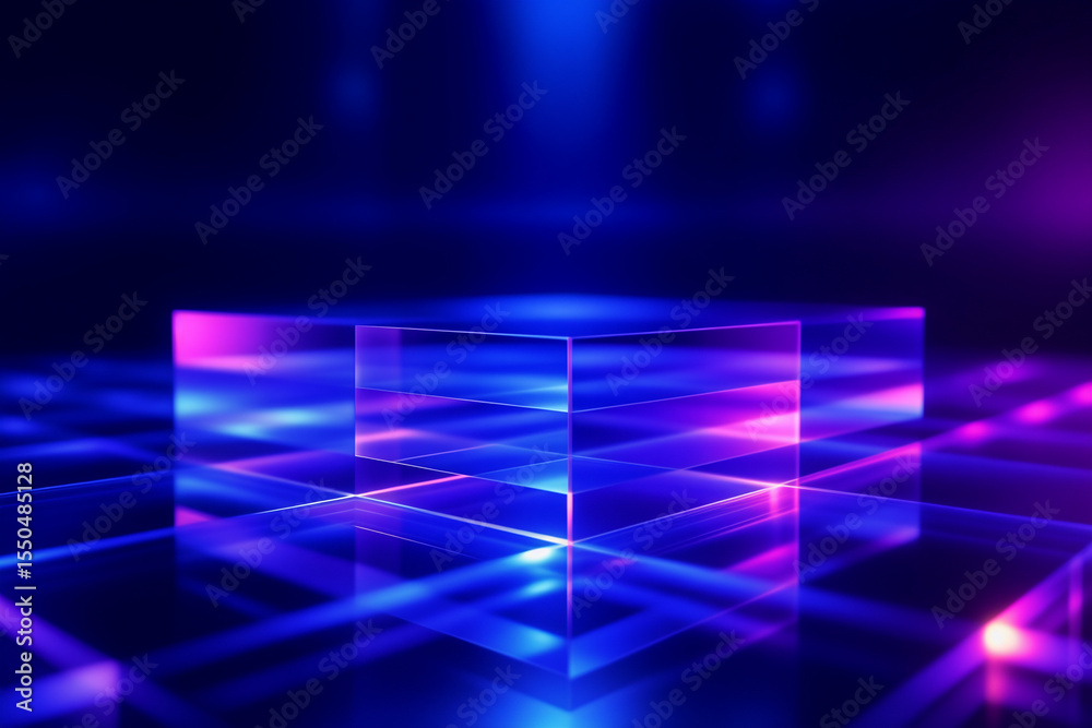 Obraz premium 3D render of a transparent glass cube refracting blue and magenta light. Abstract high-tech background for data, AI, and science concepts. Photorealistic with caustics.