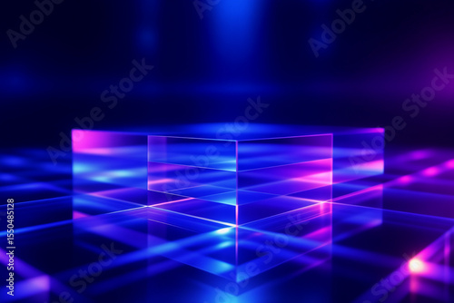 3D render of a transparent glass cube refracting blue and magenta light. Abstract high-tech background for data, AI, and science concepts. Photorealistic with caustics.