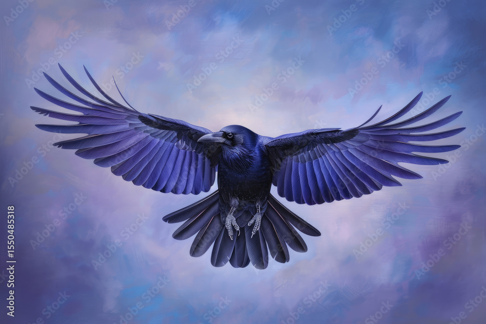 Naklejka premium Majestic crow soars through vibrant sky, showcasing its expansive wings and striking plumage. blend of colors in background enhances bird elegance and grace