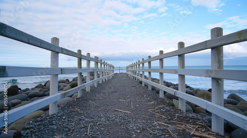 Serene pathway leads to ocean, framed by white wooden fence. scene captures tranquility of nature, with smooth stones lining path and gentle waves lapping at shore
