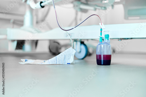 Tube connected to a gravity drainage device on a hospital room floor containing serum and blood from a patient after surgery. Essential medical equipment for monitoring postoperative fluid output.