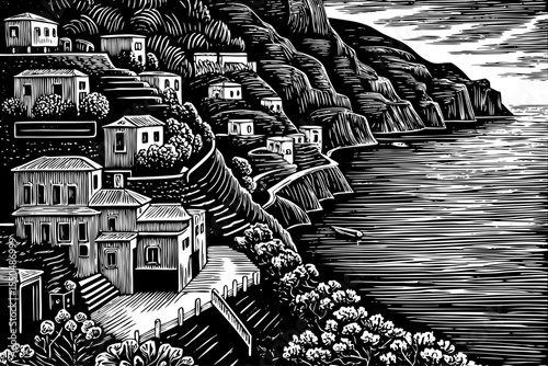 hidden cove on the Amalfi Coast, Italy, with colorful houses and steep terraces, a black and white sketch vector