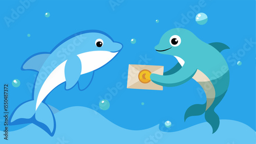 Delivery to a Sea Turtle The dolphin is depicted happily handing a letter to a friendly sea turtle. The turtle looks excited with big eyes and a wide smile while the dolphin