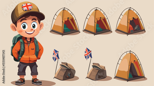 England Camping Mascot Cartoon Vector Illustration for Outdoor Adventure