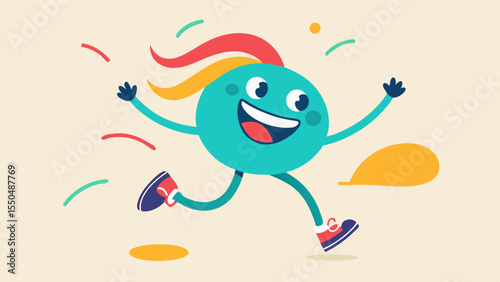 Cheerful Sprint A figure in sneakers is running forward flushed with enthusiasm. They have a huge grin showing their teeth and their hair is flying backward. Colorful swirls trail