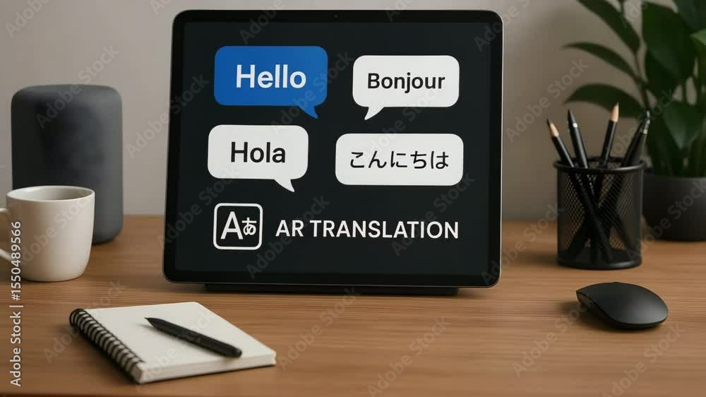 A tablet on wooden desk shows speech bubbles saying hello bonjour hola and japanese greeting. Concept of ar powered language translation.