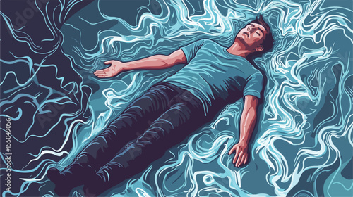 Man experiencing epilepsy seizures on the floor in flat vector illustration