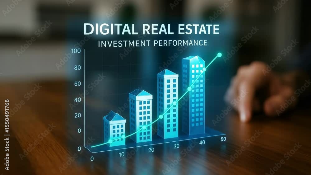 A holographic skyline bar chart titled digital real estate investment performance arcs upward in teal light. Concept of smart asset appreciation.