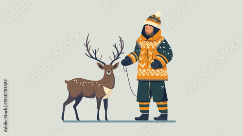 Ethnic Eskimo with Deer Flat Vector Illustration