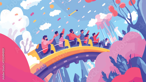 Excited Children Riding Roller Coaster Having Fun