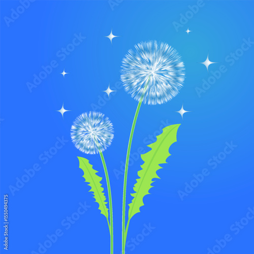 Vector illustration of two dandelions with green stems and bright sparkles on a vivid blue gradient background, symbolizing nature, dreams, and wishes.