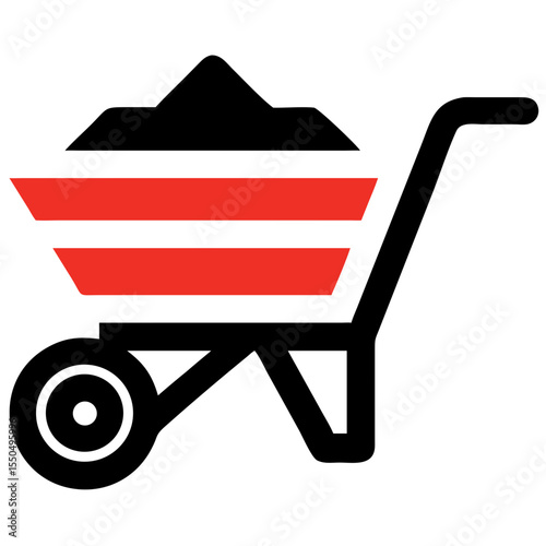Construction wheelbarrow icon, minimal style, red and black, construction tools concept
