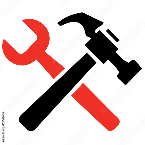 Hammer and wrench combo icon, minimal style, red and black, construction tools concept