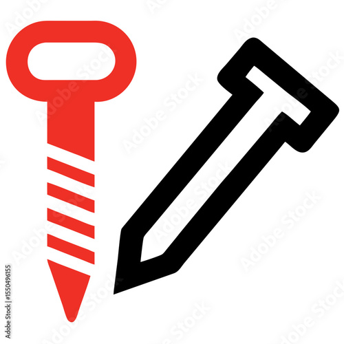 Nail and screw icon, minimal style, red and black, construction tools concept