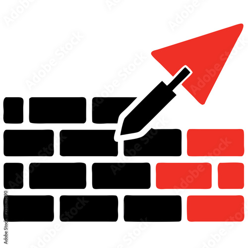Masonry trowel with bricks icon, minimal style, red and black, construction tools concept