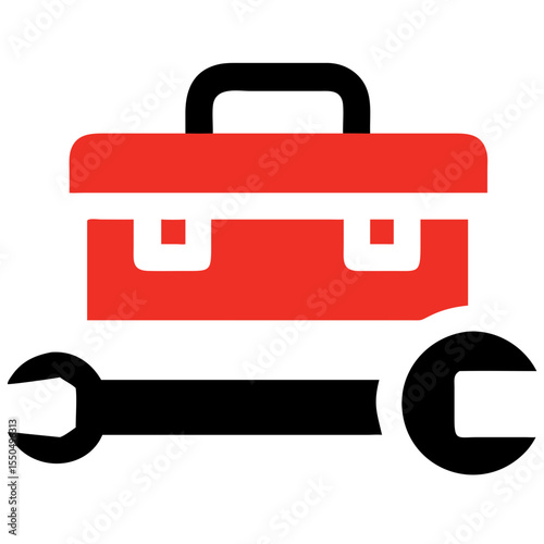 Toolbox and wrench icon, minimal style, red and black, construction tools concept