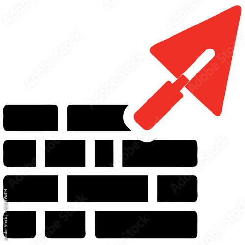 Trowel and mortar icon, minimal style, red and black, construction tools concept
