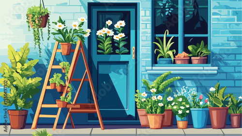 Modern Building Facade with Ladder and Potted Plants Cartoon Illustration