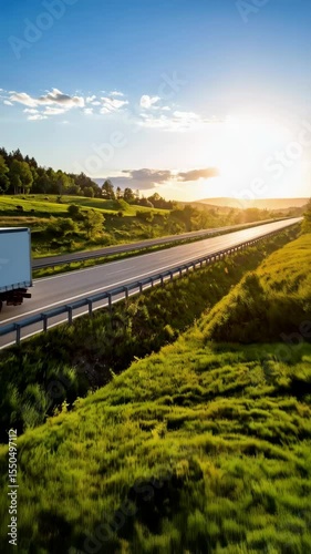 Freight transport driving along highway during sunset with green hills in the background, logistics and cargo transportation.
