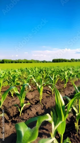 Rows of young corn plants growing in the field on a bright sunny day with blue sky, agricultural landscape, and cultivated soil