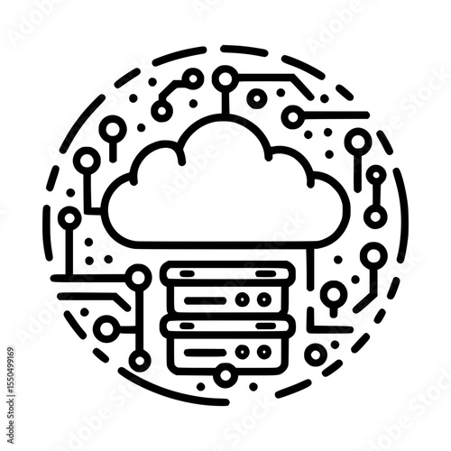 A circular illustration of cloud computing, symbolizing data storage and processing capabilities. The design incorporates a cloud icon and circuit lines