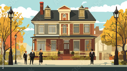 Happy Family Standing in Front of House with Bench and Lamp
