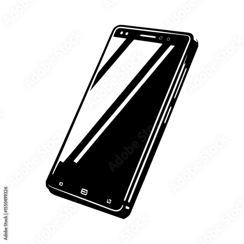 A sleek monochrome illustration of a modern smartphone. The phone's screen is glossy, reflecting light
