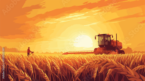Golden Sun Harvest: Farm Worker Harvesting Wheat in Sunlight