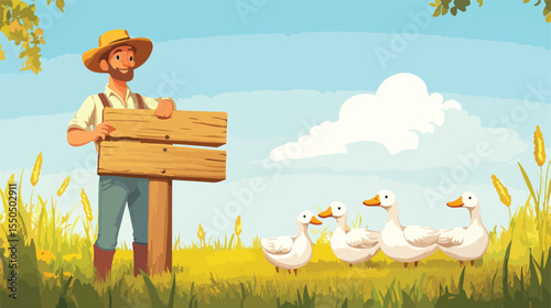 Rural Farmer with Ducks by Wooden Sign Flat Vector Illustration