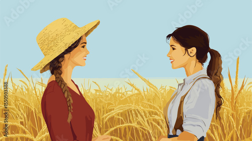 Rural Women Discussing Agriculture in Flat Vector Illustration