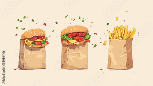 Delicious Fast Food Falling in Paper Bag - Pizza Burger Chicken
