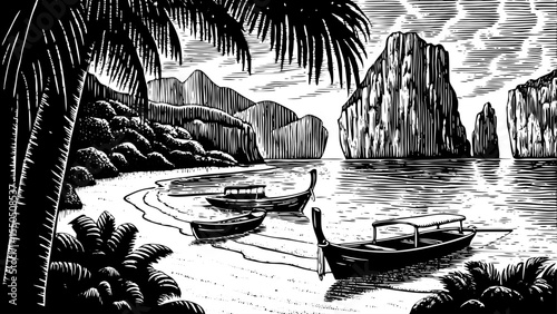 Beach in Thailand with limestone cliffs, turquoise waters, and anchored long-tail boats, a black and white sketch vector hand drawn