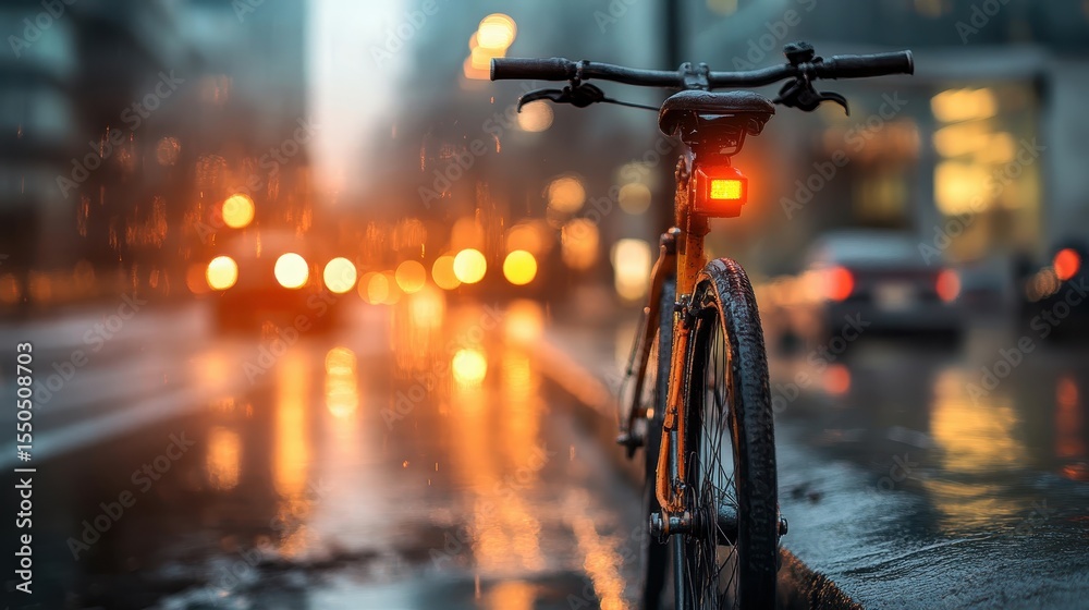 A striking image of a parked bicycle with a glowing rear light on a rain-soaked street at night, capturing the essence of urban life amidst an atmospheric, reflective setting. A striking image of a parked bicycle with a glowing rear light on a rain-soaked street at night, capturing the essence of urban life amidst an atmospheric, reflective setting.