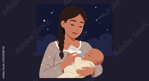 Mother feeding baby with bottle at night by the window,for parenting articles and family blogs  