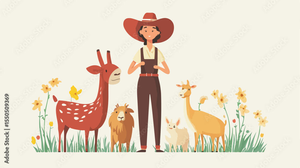 Naklejka premium Female Farmer and Animals Vector Illustration