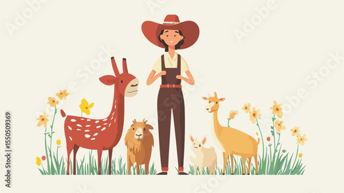 Female Farmer and Animals Vector Illustration