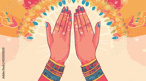 Peaceful Female Hands in Namaste Flat Vector Illustration