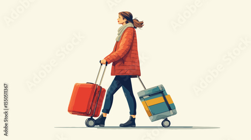 Female Passenger Wheeling Luggage Cart with Suitcases