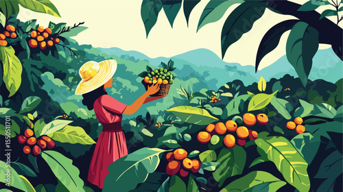 Female Coffee Fruit Harvester Vector Illustration